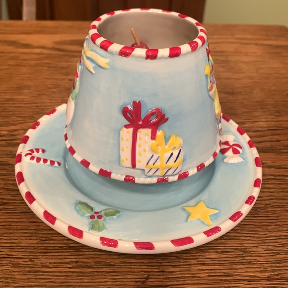 Home Interiors NWOT Light Blue, White & Red Candle Holder & Shade - Picture 4 of 7